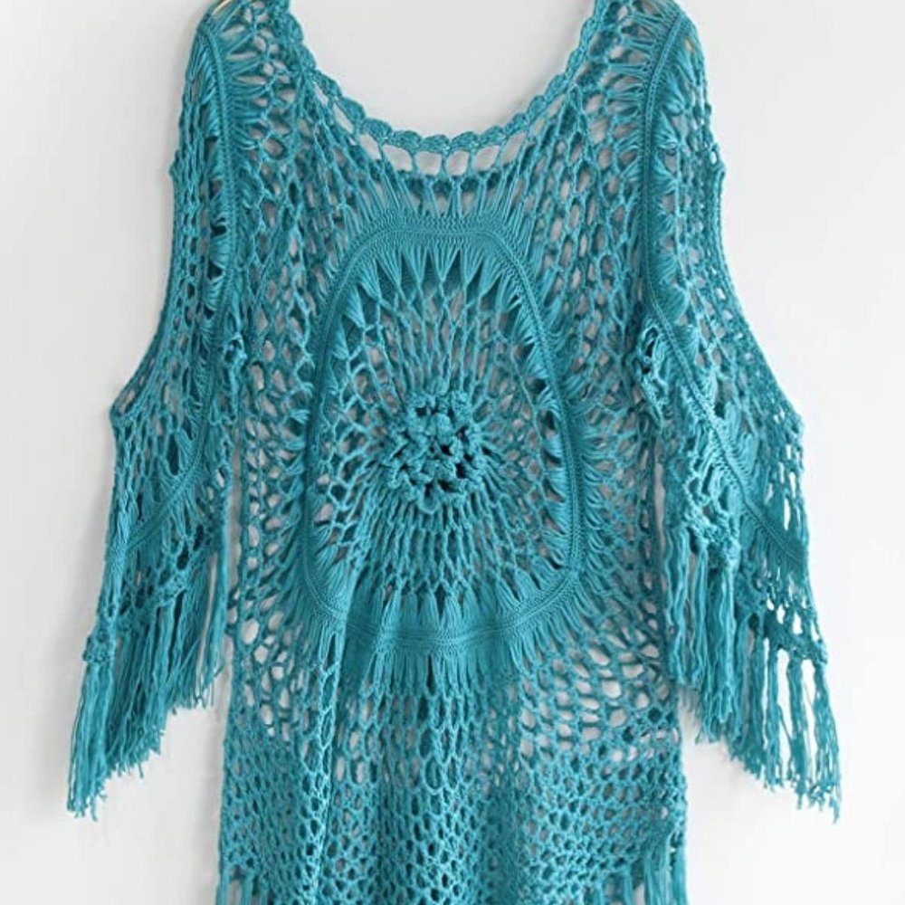 Women's Cover Up White Crochet Hollow Out Tassel Swimsuit Three Quarter Sleeve - Picture 1 of 5